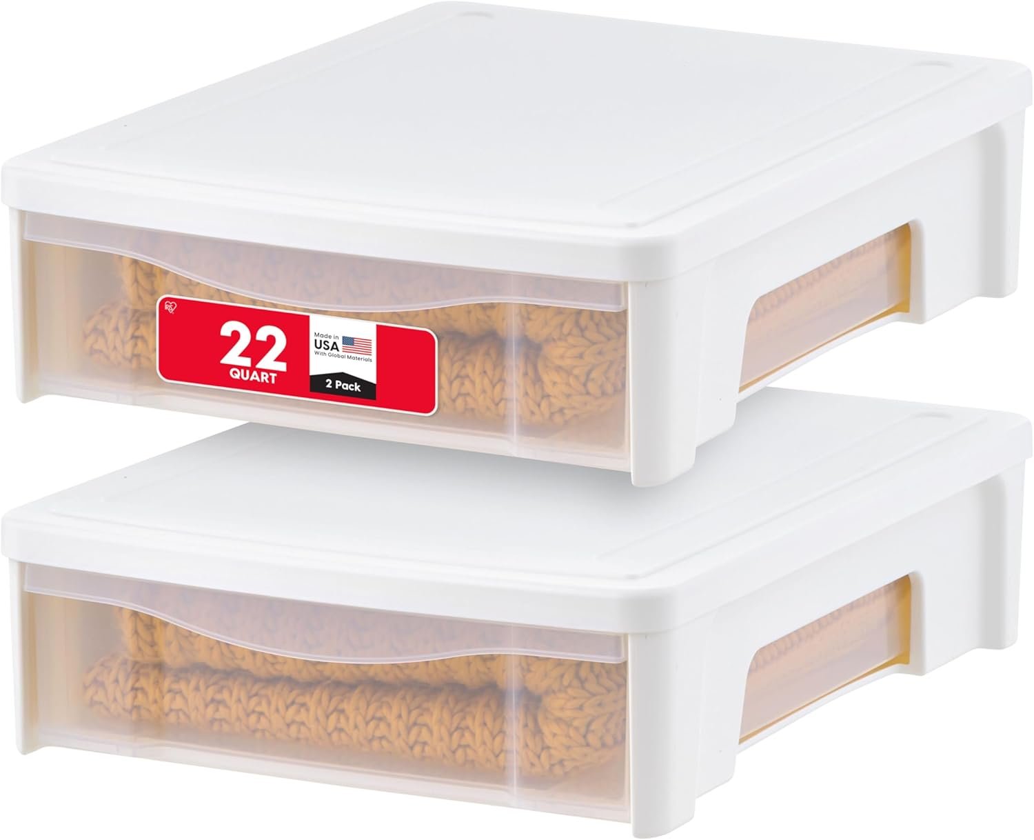 IRIS USA 22 Qt Under Bed Storage, Stackable Organizer Bin Plastic Container with Sliding Drawer, 2 Pack, Multi-Purpose for Clothes, Shoes, Bedding, White