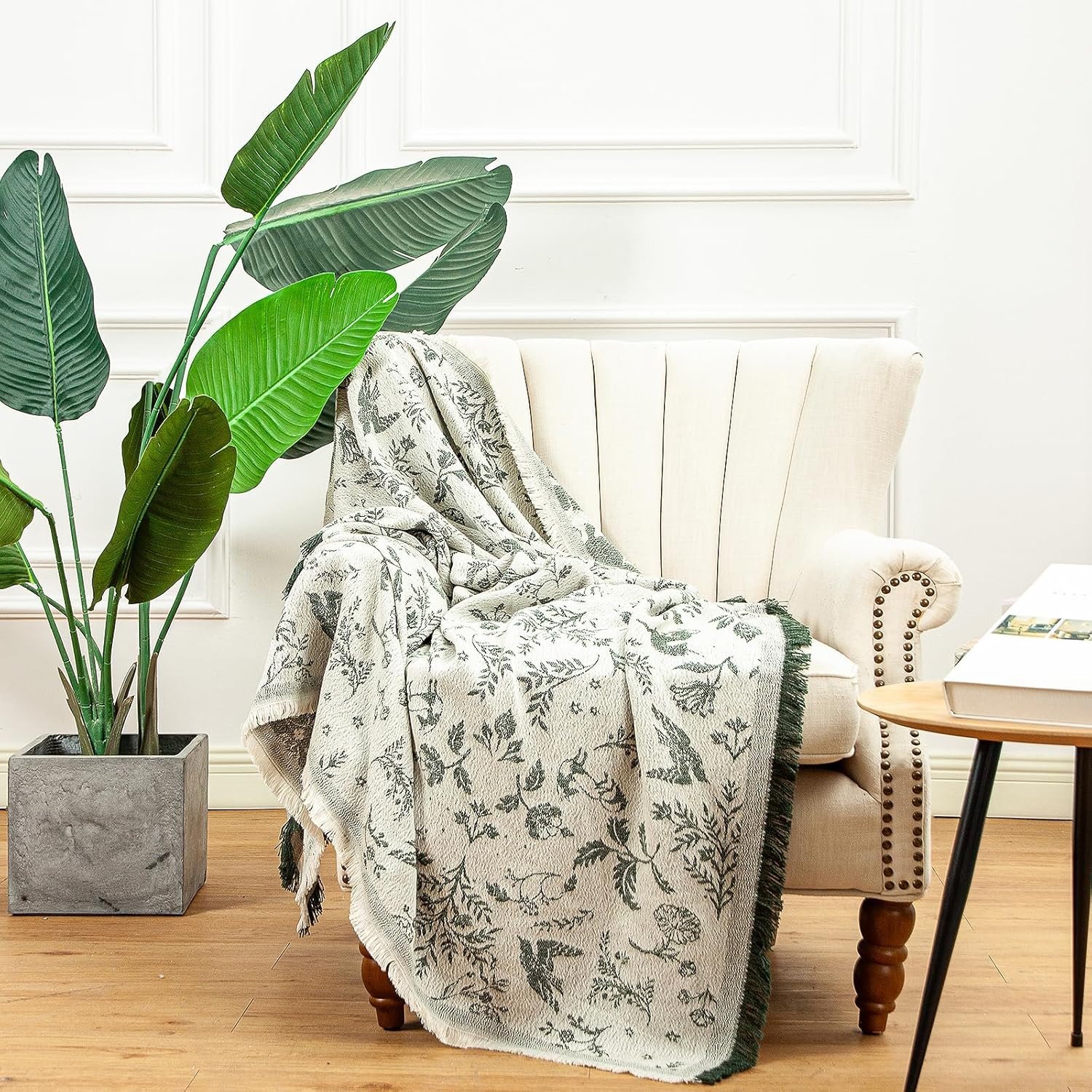 LALIFIT Boho Chic Decorative Throw Blanket Vintage Woodland Floral Bird Design with Tassels Soft Cotton Lightweight & Cozy for Home, Couch, Sofa, Farmhouse 50×60 Inches (Sage Green)