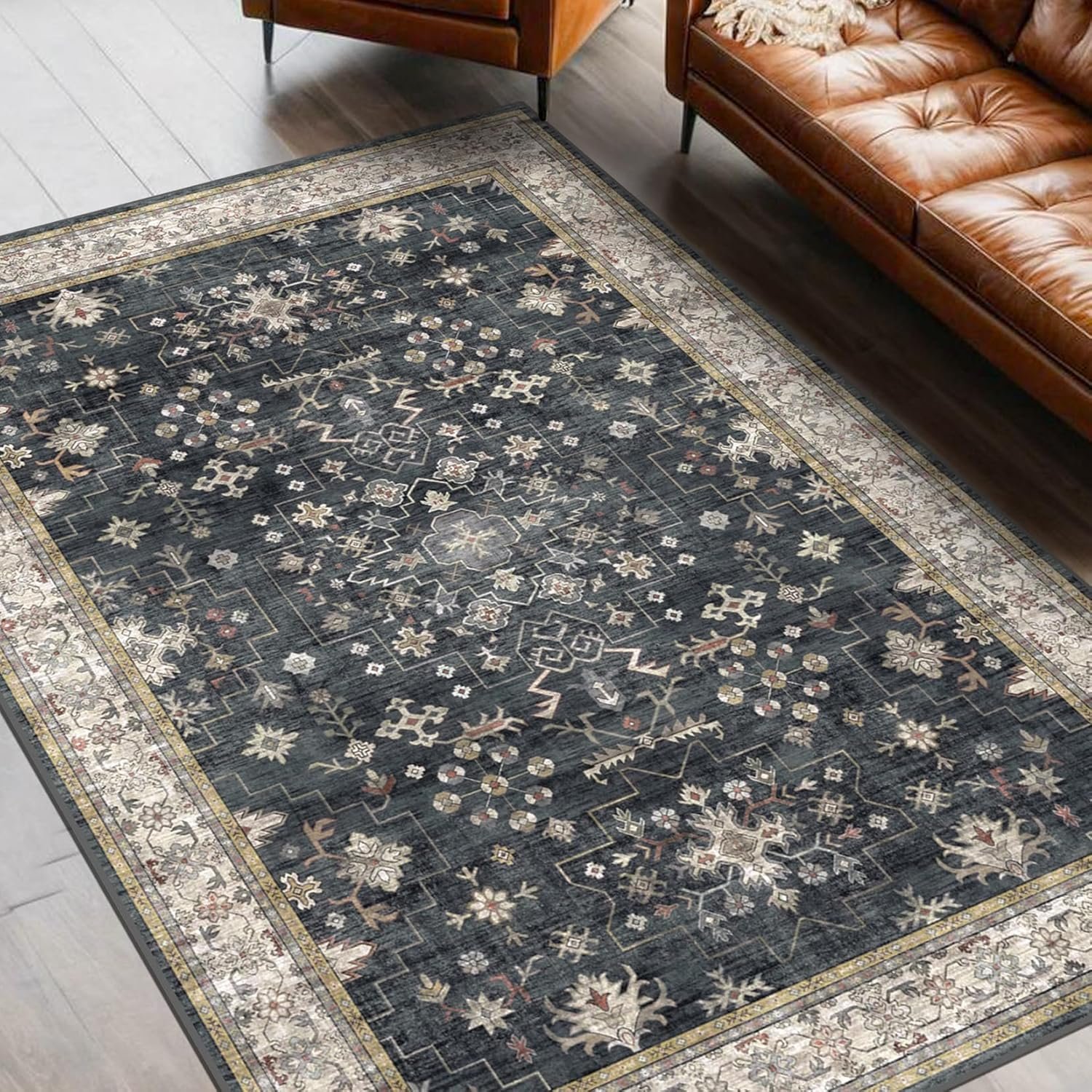 Black Boho Living Room Rug 5×7, Washable Dark Vintage Moody Low Pile Non Slip Carpet for Bedroom, Dinning Room, Office, Farmhouse, Retro Area Rug Indoor Decor (5×7 Black/Multi)
