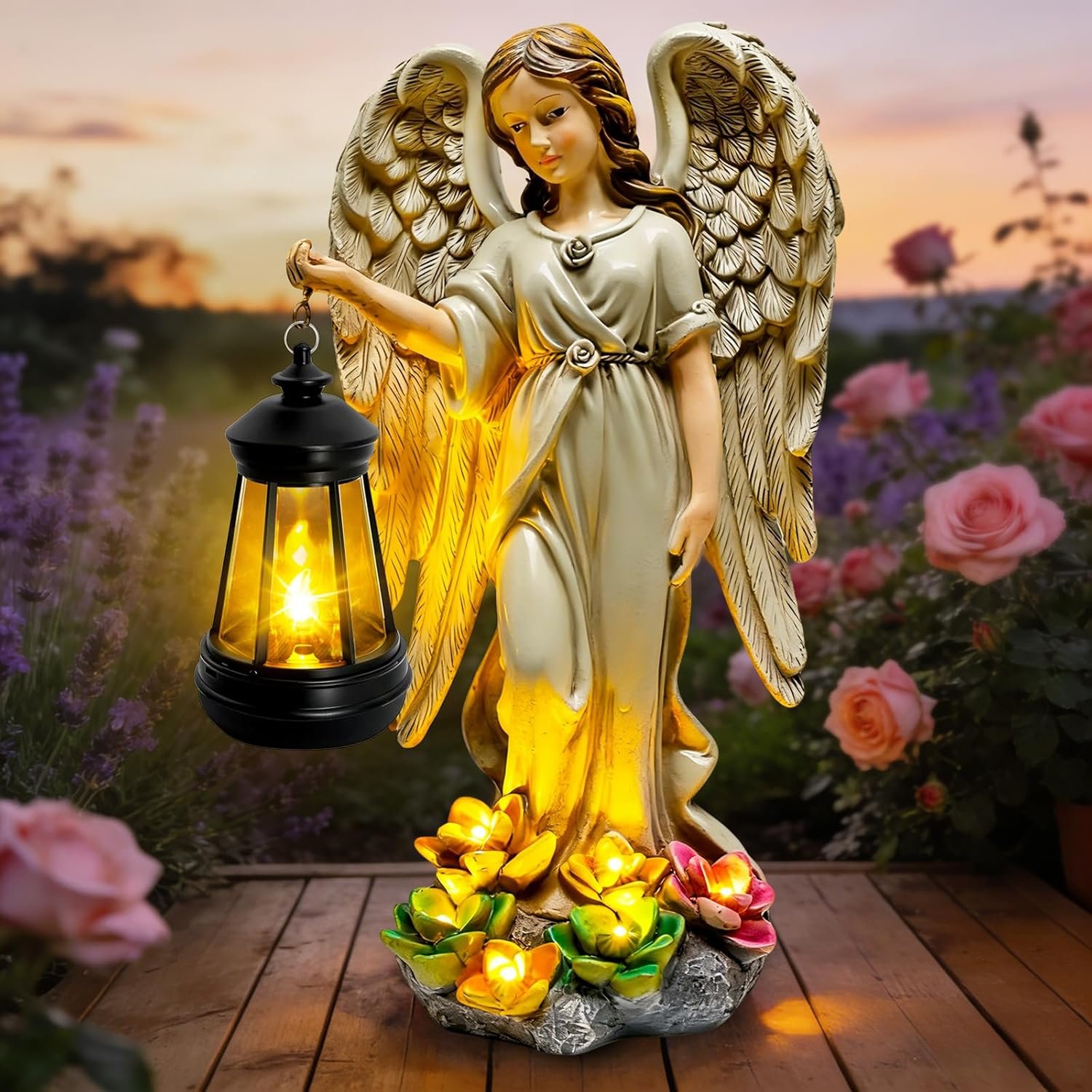 Solar Garden Statue Angel Figurine – 11.8 Inch Fairy Angel Solar Lights Outdoor with Hanging Lantern for Balcony Patio Yard Ornament, Cemetery Grave Decoration, Gifts for Women Mom, Memorial Gifts