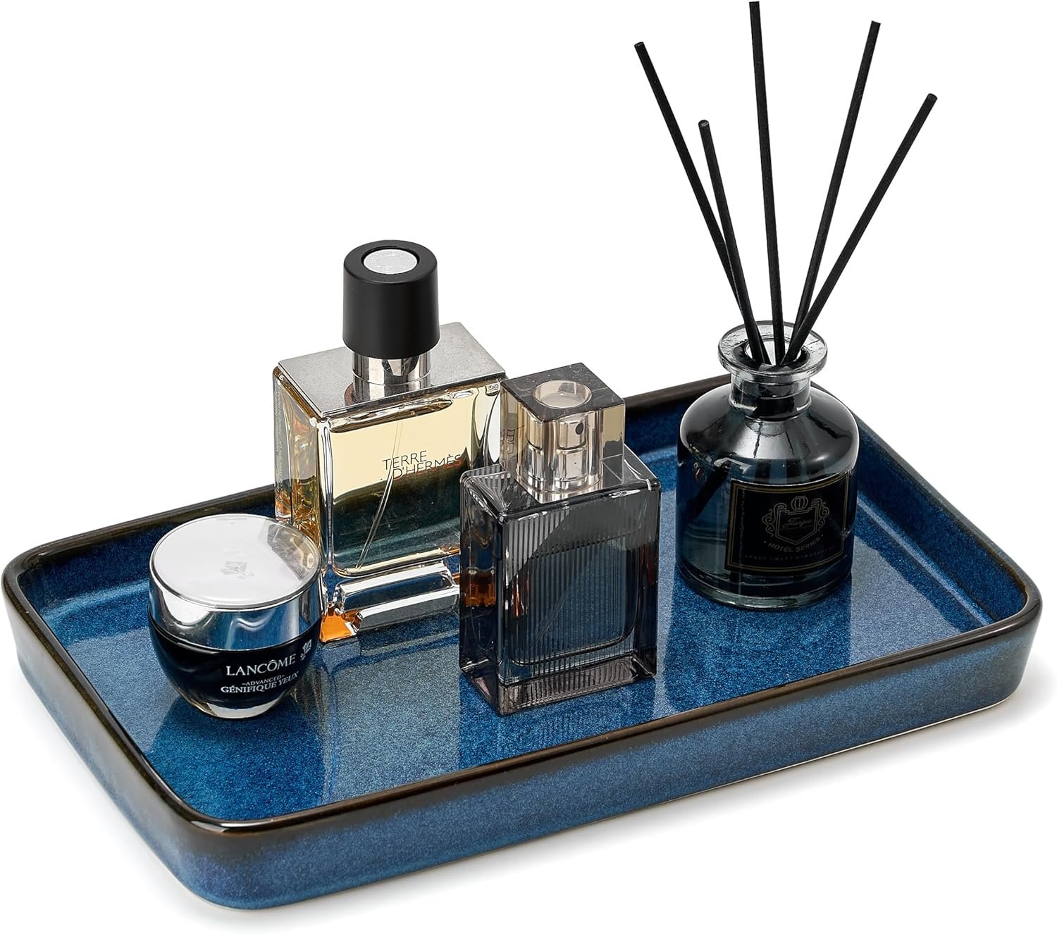 10″×6″×1″ Bathroom Vanity Tray for Countertop- Ceramic Decorative Organizer Tray for Dresser Tops, Toilet, Perfume, Sponge Holder Soap Dish Dispenser for Kitchen Counter- Kiln-Transformed Blue