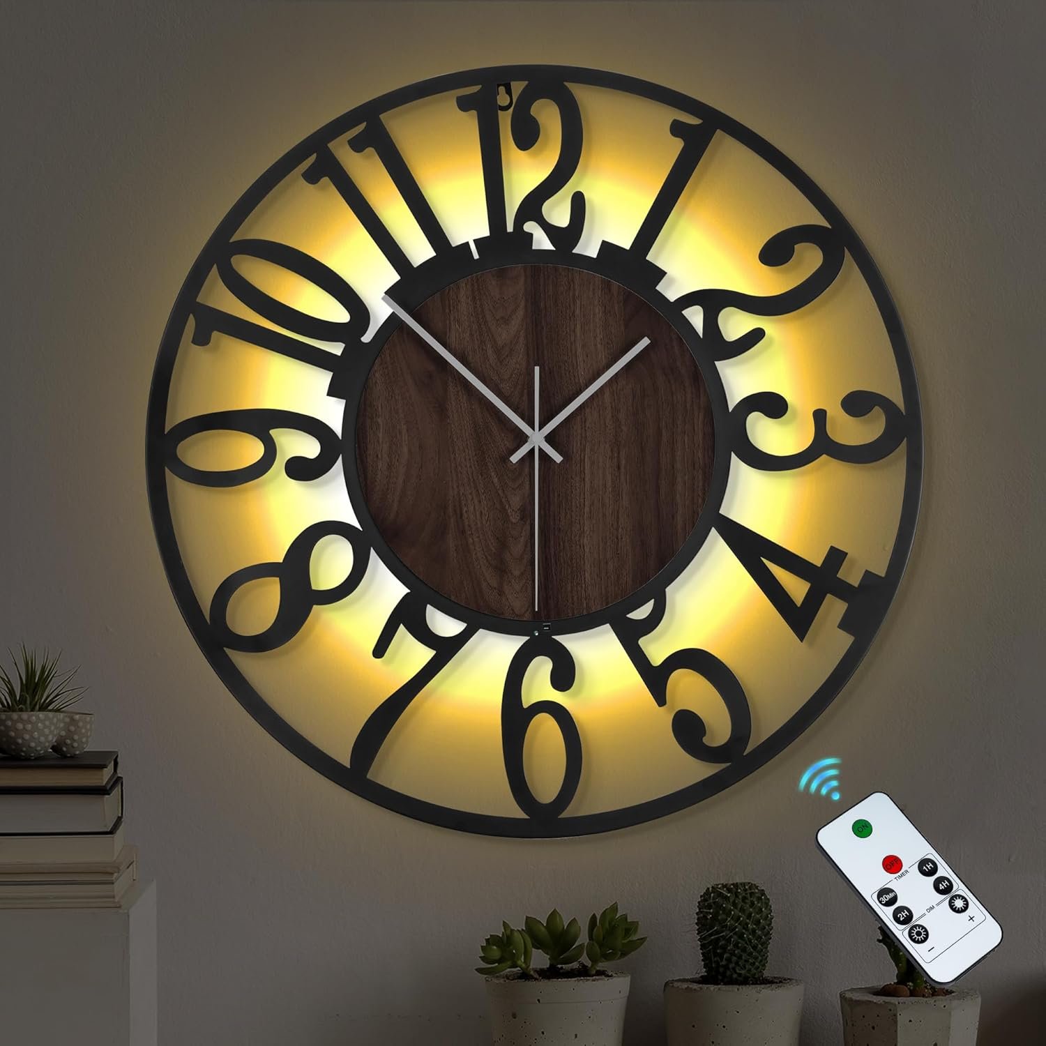 LEIKE Large Wall Clock 20” Lighted Rustic Wood Clock with Remote Timer, Silent Battery Operated Modern Oversized Wall Clock for Living Room, Bedroom, Farmhouse, Home Decor, Large Number Display