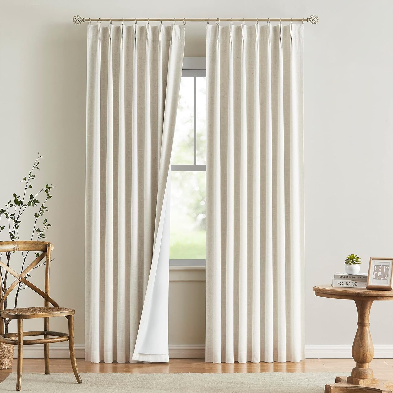 Vision Home Natural Pinch Pleated Full Blackout Curtains Linen Blended Room Darkening Window Curtains 95 inch for Living Room Bedroom Thermal Insulated Pinch Pleat Drapes with Hooks 2 Panel 40″Wx95″L
