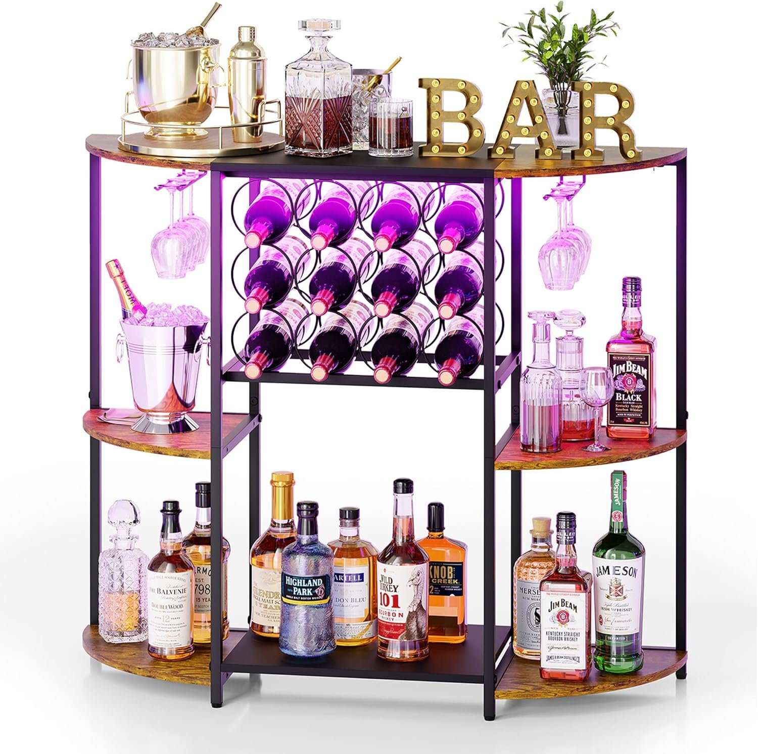JKsmart Wine Bar Cart with LED Lights, Mini Wine Rack with Storage and Glass Holder, Small Home Bar Cart for Liquor, 3-Tier Bar Table for Kitchen, Dining Room, Living Room, Rustic Brown