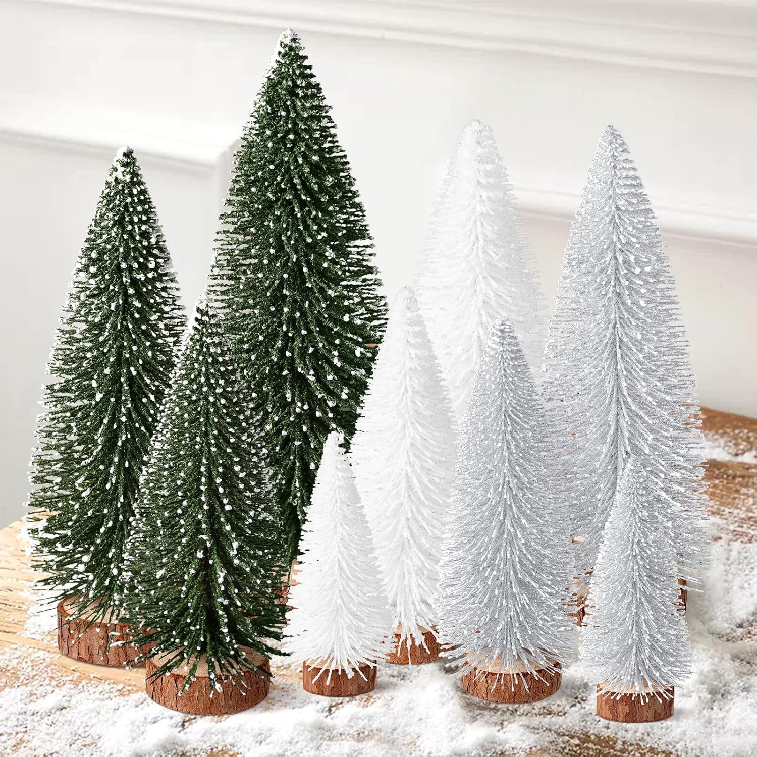 9Pcs Mini Bottle Brush Christmas Trees in 4 Sizes – Green, Silver, White Table Decorations