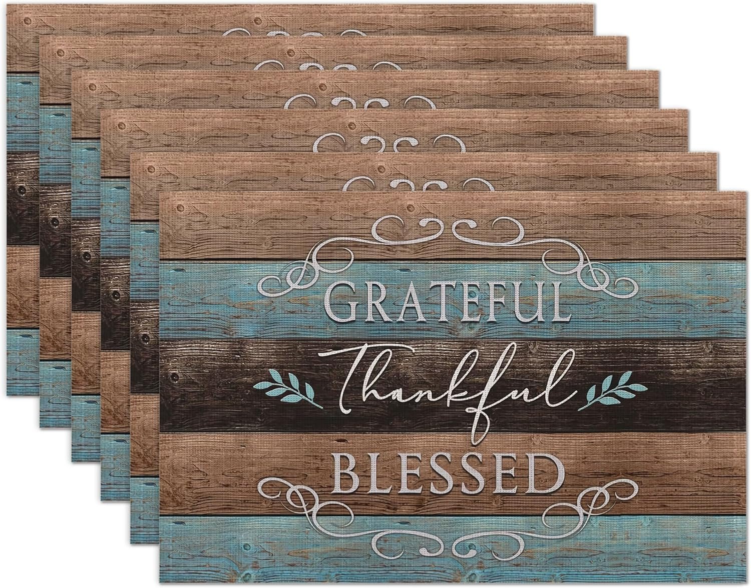 Thankful Grateful Blessed Placemats Set of 6 Place Mats for Kitchen Table Washable Farmhouse Linen Table Mats Dining Decoration 12×18 Inch