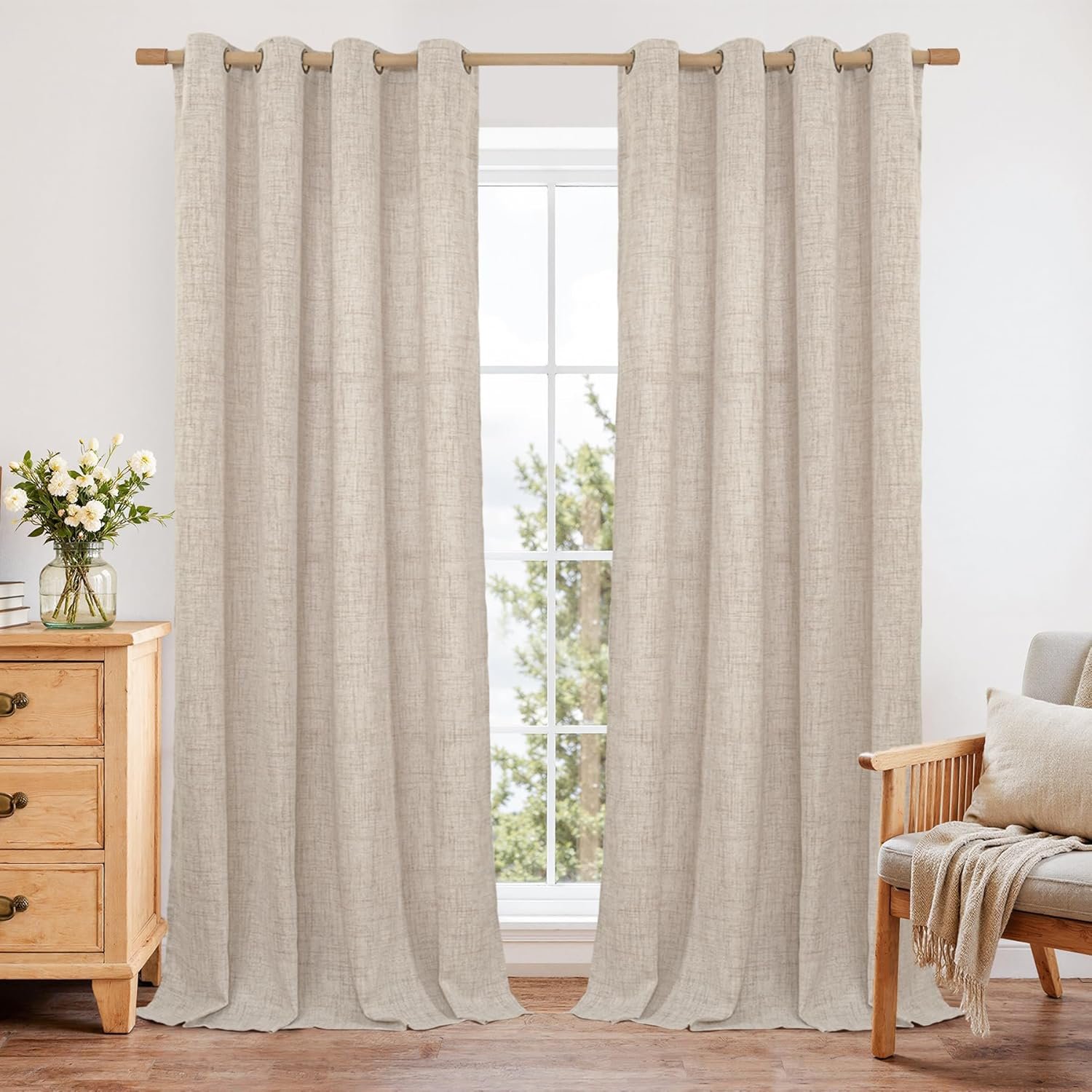 YoungsTex 95 Inches Long Curtains for Living Room 2 Panel Set – Linen Semi Sheer Drapes Floor Length with Bronze Grommet Light Filtering for Sliding Door Bedroom, 52 X 95 Inch