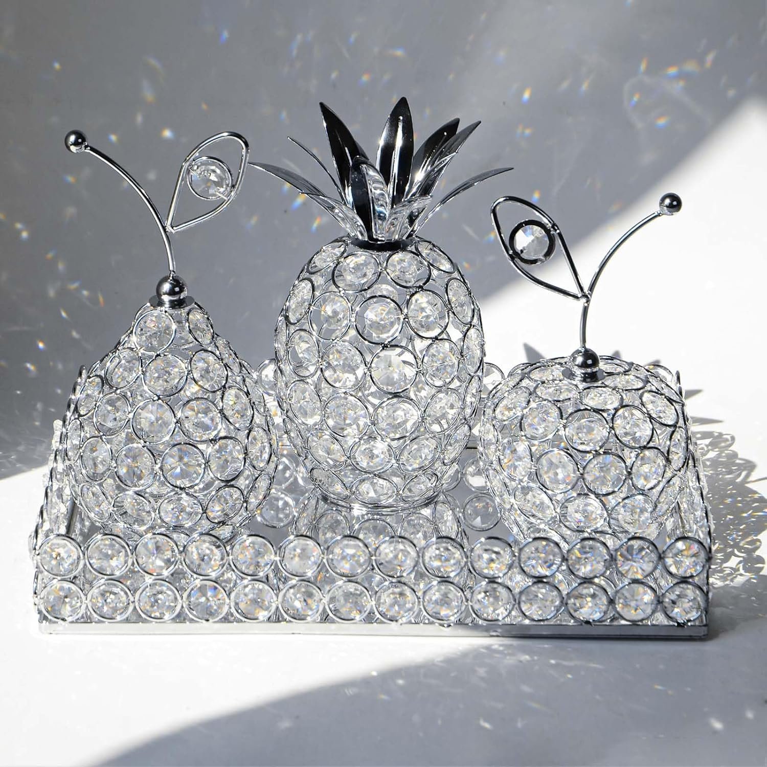 Elegant Decorative Trays & Crystal Fruit 4-Piece Set, Crystal Tea Light Holder – Wedding Centerpieces for Holidays, Home Table Decorations, Fruit Displays and Candle Holders (Silver, Set of Four)