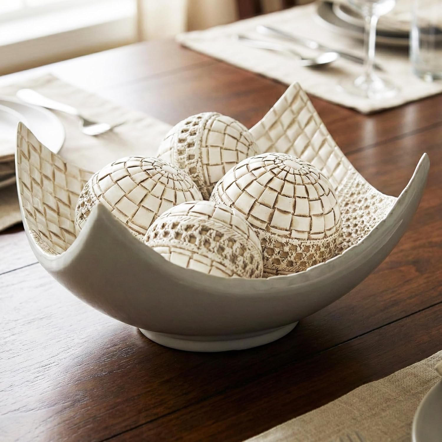 Seraphic 5pc Scoop Bowl Table Centerpieces for Dining Room, Large Decorative Bowls for Coffee Table Decor, Kitchen, Orbs/Balls Included, 14″ diagonal. 11″ wide and 5.75″ tall, White