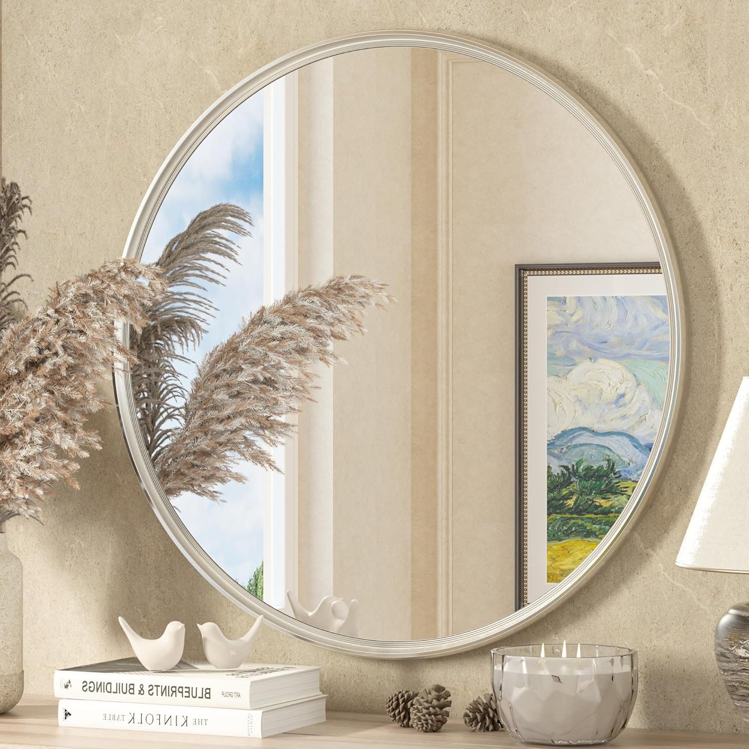 TETOTE Brushed Nickel Mirror 30 inch Round Mirror for Wall, Bathroom, Living Room, Bedroom, Vanity, Entrance