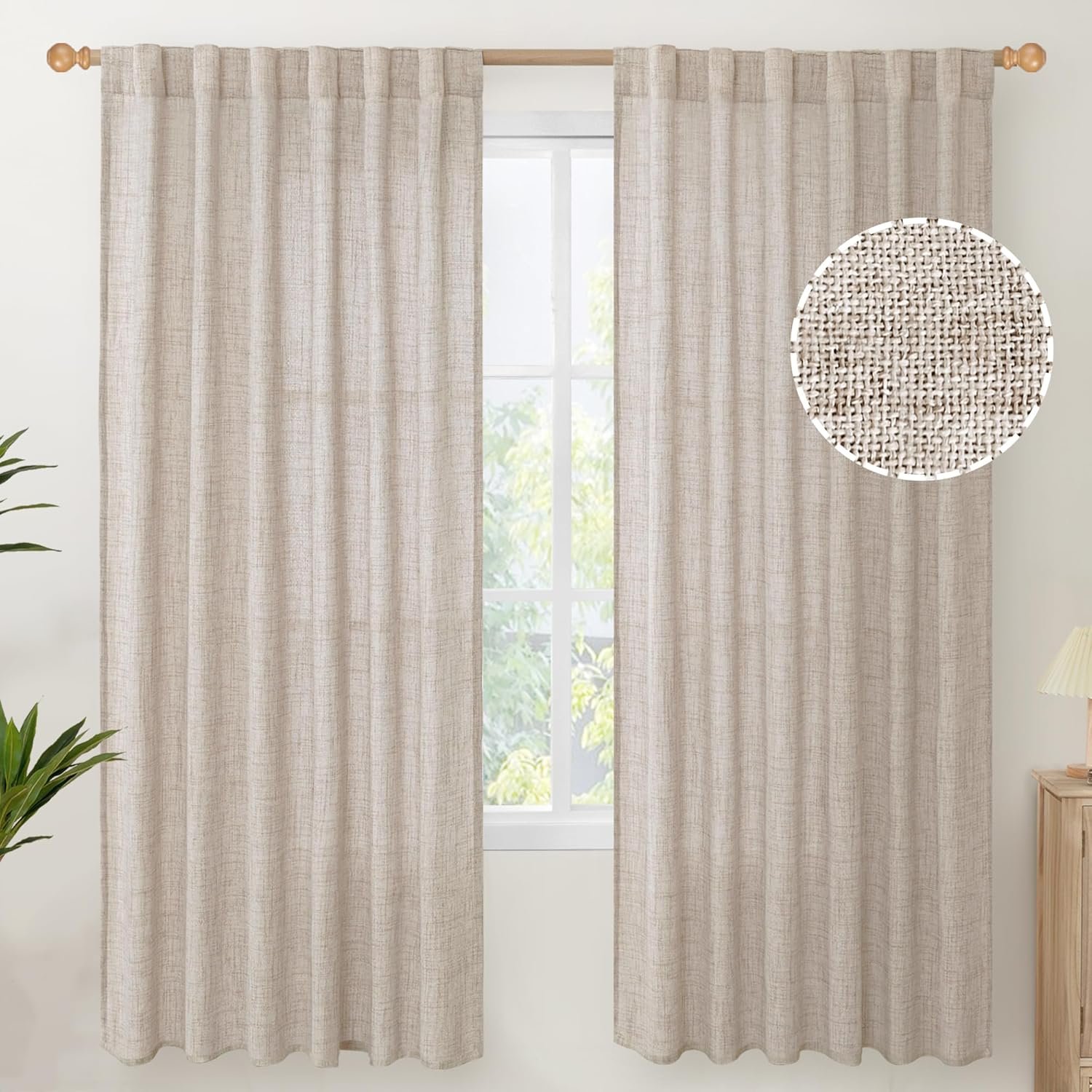 YoungsTex Linen Semi Sheer Curtains 72 Inch Length 2 Panels – Light Filtering Drapes with Rod Pocket Back Tab Rustic Beige Window Treatments for Living Room Dining Bedroom, 52 X 72 Inch