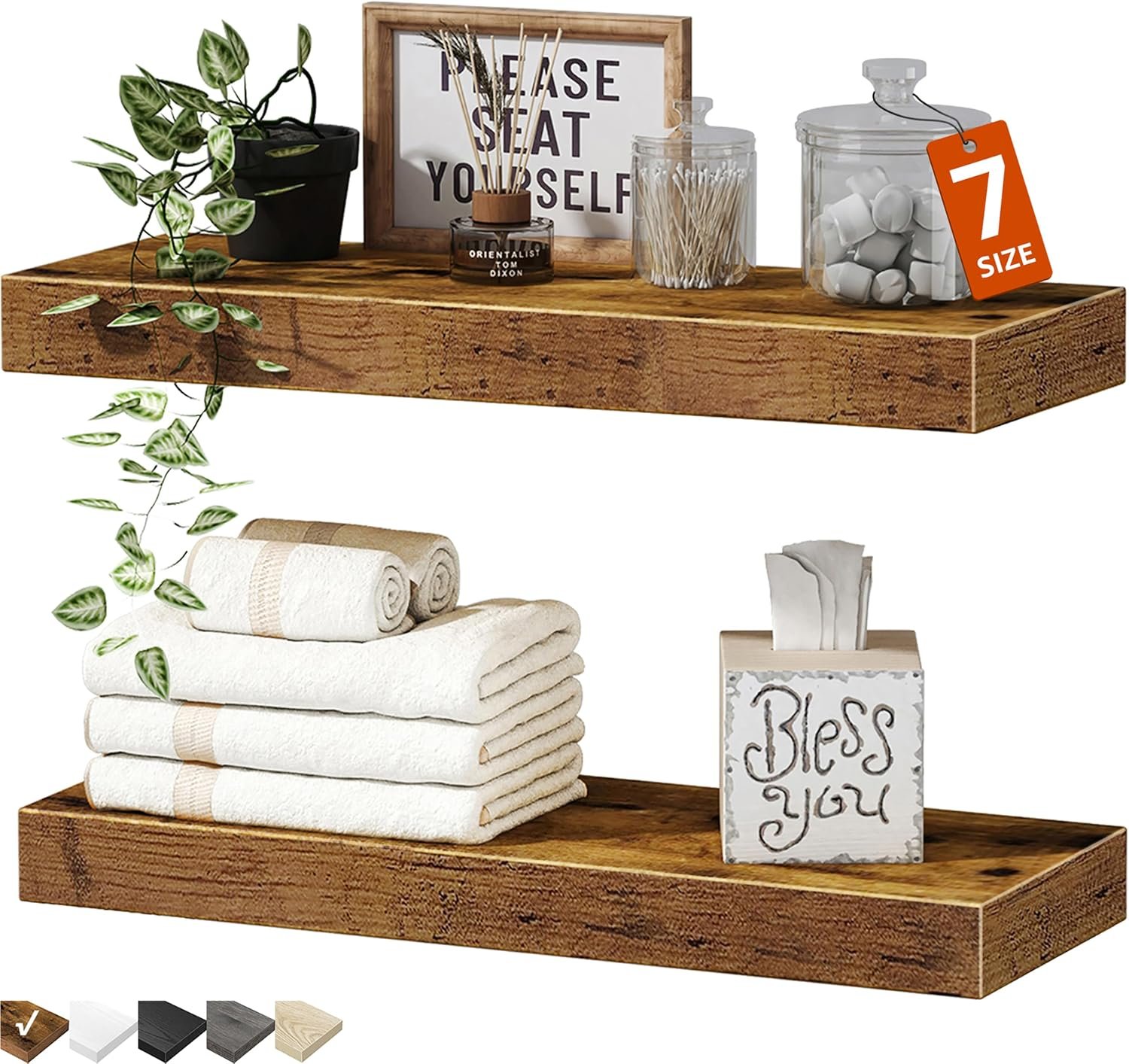 QEEIG Bathroom Floating Shelves for Wall – 15.7″ Wall Mounted Shelf Over Toilet Farmhouse Home Decor Display Bookshelf Small 15.7 x 6.7 inch Set of 2, Rustic Brown (008-40BN)