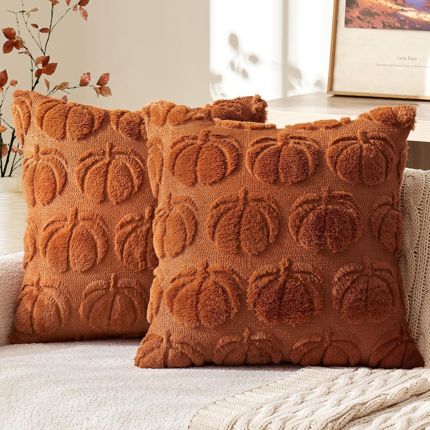 MIULEE Fall Throw Pillow Covers 18×18 Set of 2 Autumn Decorations Dark Rust Pumpkin Accent Pillowcase for Outdoor Porch Sofa Couch Bed Living Room Plush Faux Fur Halloween Farmhouse Home Decor