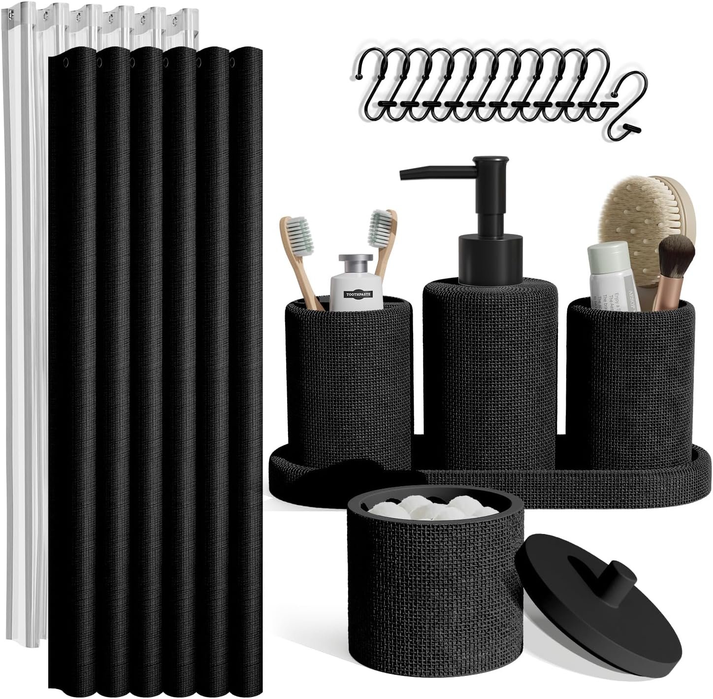 Clara Clark Bathroom Set – Black Bathroom Accessories Set, 19PC Bathroom Accessory Set, Bathroom Sets with Shower Curtain Set, Soap Dispenser & Toothbrush Holder