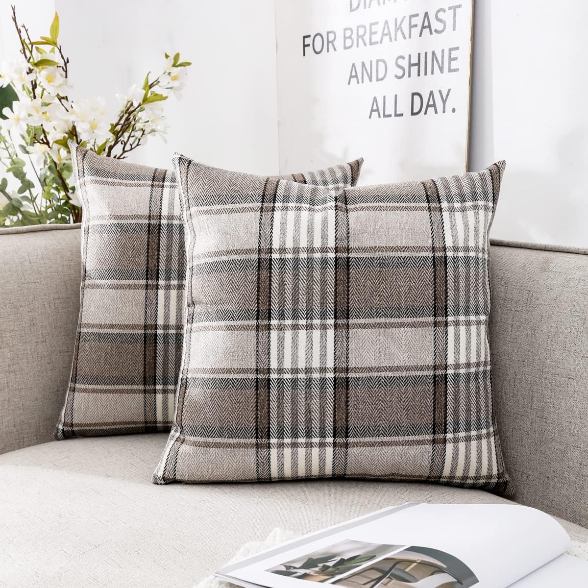 CARRIE HOME Brown Plaid Pillow Covers 18×18 Set of 2 Farmhouse Plaid Decorative Throw Pillows for Living Room Couch Sofa