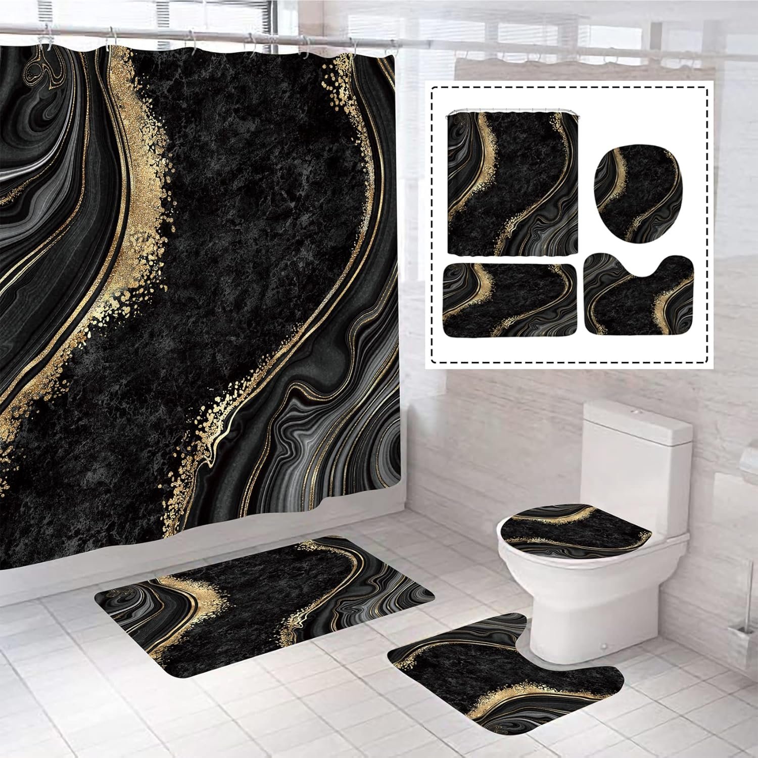 4Pcs Luxury Marble Shower Curtain Sets, Bathroom Sets with Shower Curtain, Toilet Lid Rug, Bath Mat and Contour Mat, Shower Curtain with 12 Hooks for Bathroom Set Decor 72 x 72 Inch, Black﻿