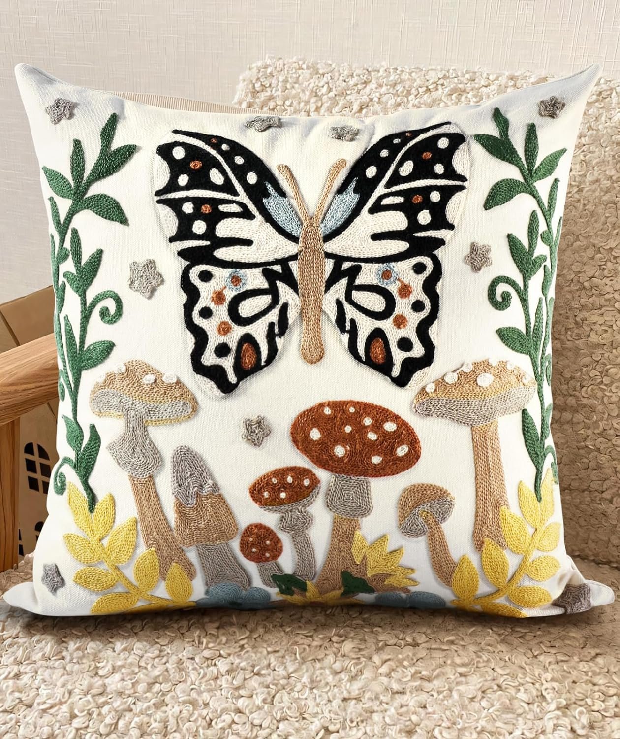 Embroidered Throw Pillow Cover – 18×18 Decorative Pillow Cover with Zipper Aesthetic Cute Design Boho Spring Summer Throw Pillowcase for Living Room Couch Sofa Bed, Butterfly Moon
