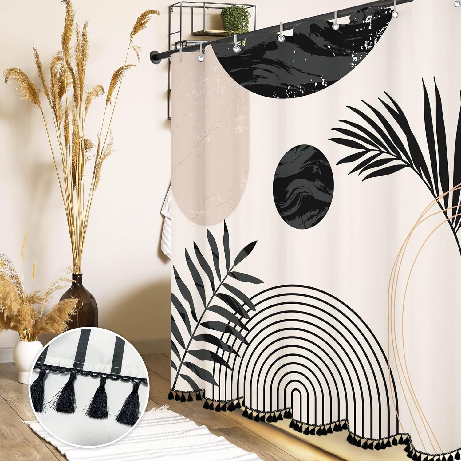 Boho Mid Century Leaf Shower Curtain Set,Arch Sun Design,Minimalistic Leaves Pattern,Waterproof and Luxurious Fabric-12 Hooks(Black and White-72″ x 72″)