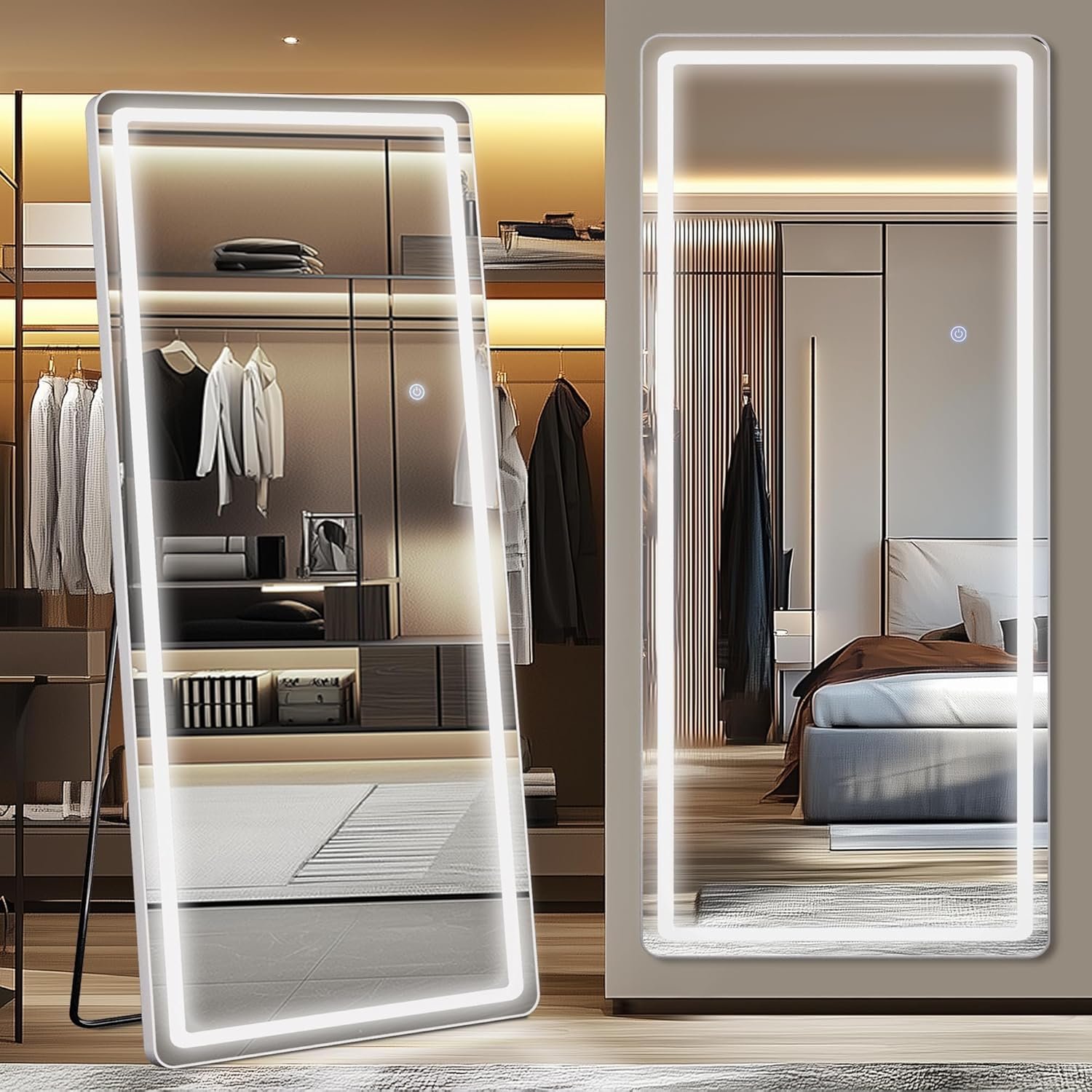 Antok LED Full Length Mirror with Light, 71″x32″ Lighted Full Body Mirror with Stand, Dimmable & 3 Color Lighting Standing/Leaning/Wall Mounted Vanity Mirror for Bedroom Cloakroom Livingroom(Rect)