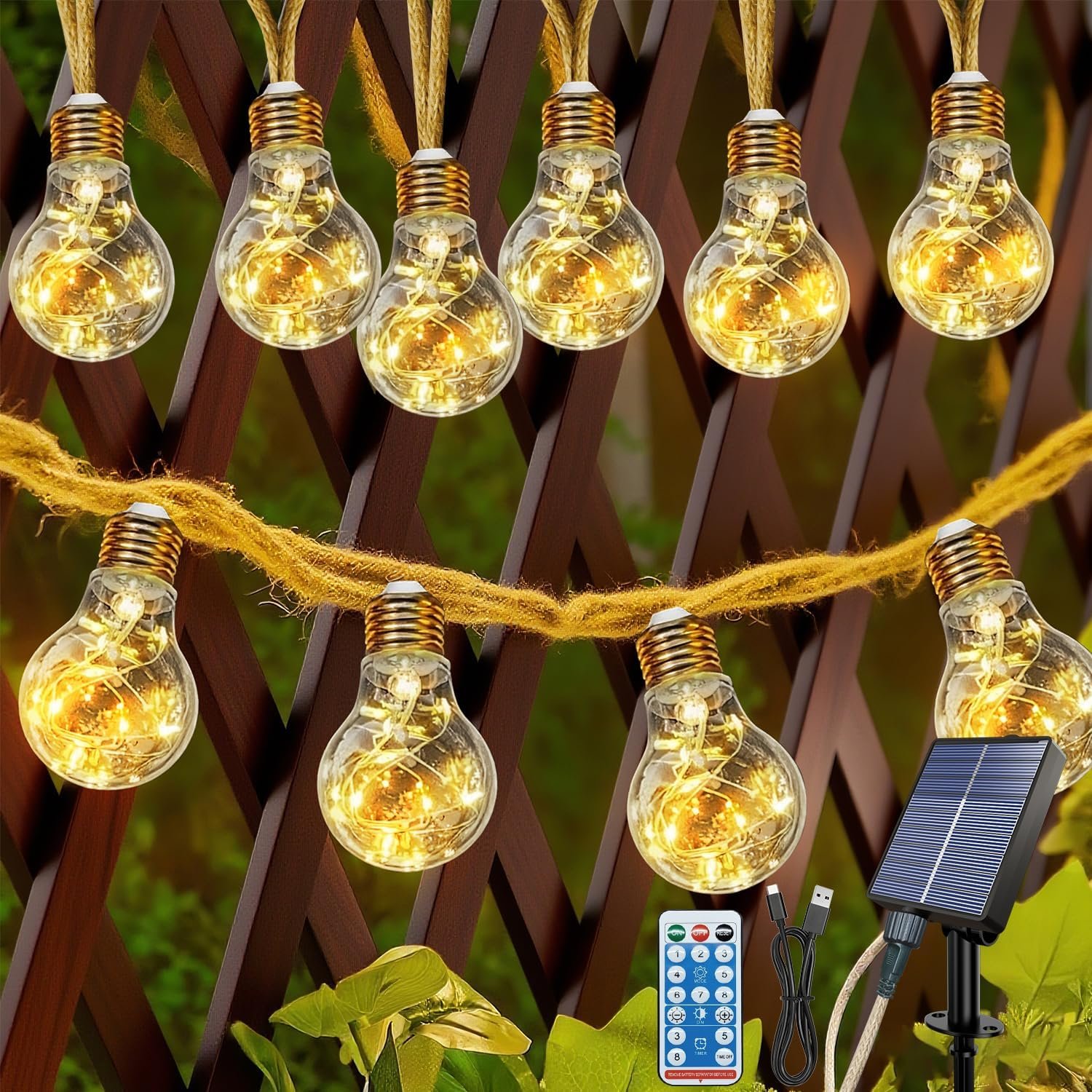 Solar String Lights Outdoor, 41 FT Vintage Rope Hemp Solar Patio Lights with 20 Shatterproof Bulbs, 8 Modes Waterproof Hanging Lights, Solar Powered String Lights for Gardens, Balcony Parties
