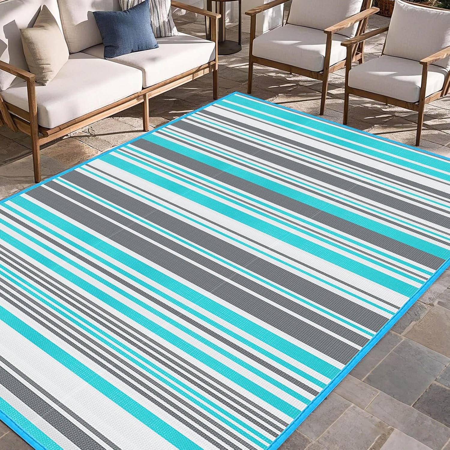Outdoor Patio Plastic Rug Waterproof – Outdoor Rugs for Camper Outside, Rv, Porch Deck Rug Clearance, Area Carpet for Outside, Balcony, Patio Decor, Blue & Grey, 5×8 ft