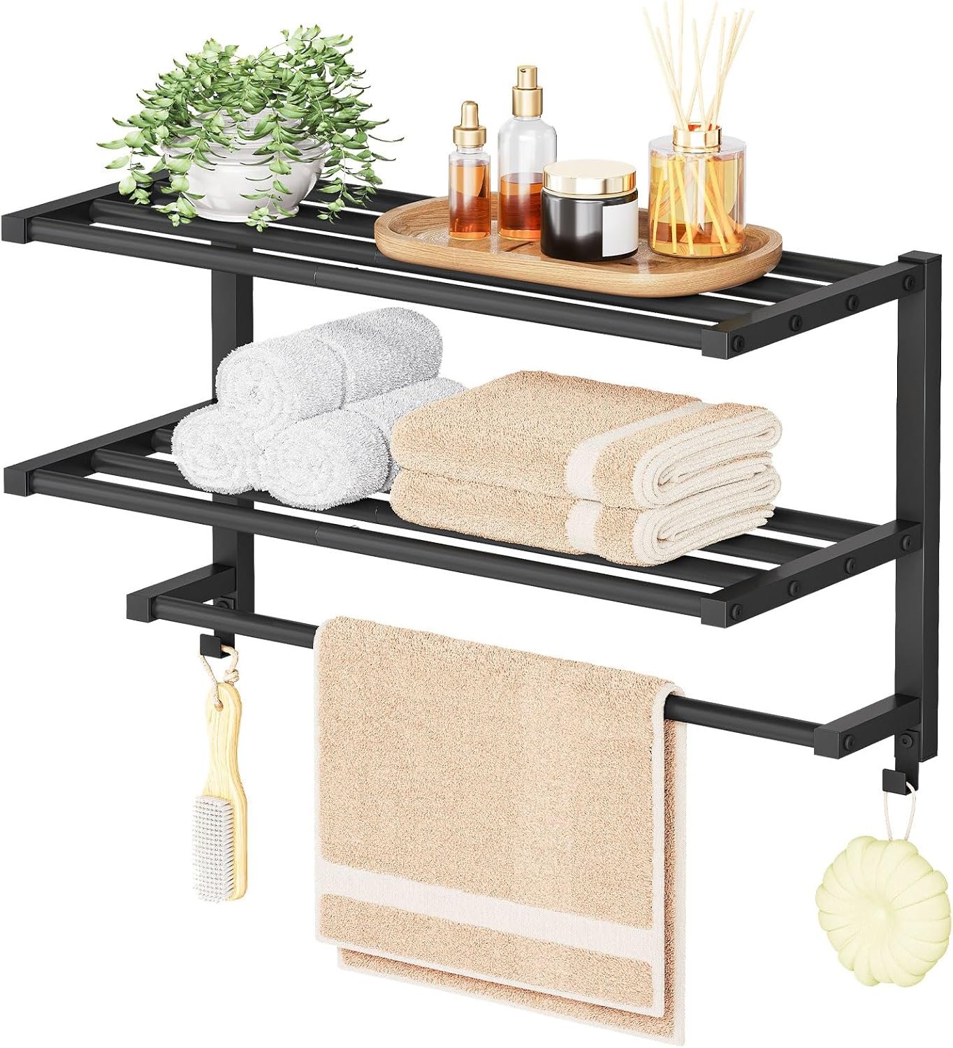 HOOBRO 23.8″ Towel Rack for Bathroom, 3 Tier Towel Shelf with Tower Bars, Bathroom Storage Organizer for Towels and Toiletries, Towel Holder Wall Mounted with 2 Hooks, Black BK08LB01