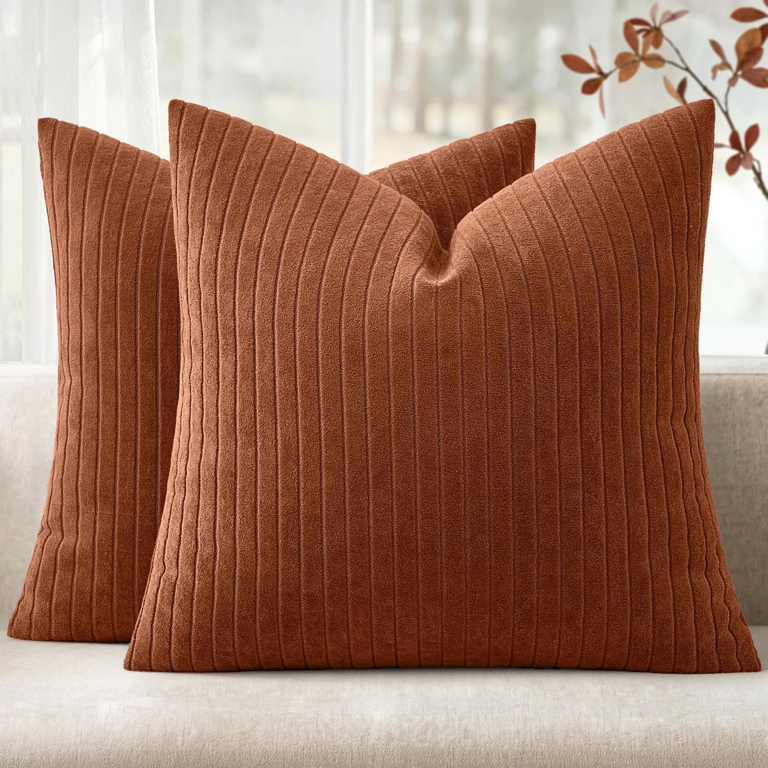 MIULEE Set of 2 Rust Decorative Throw Pillow Covers 18×18 Inch, Thick Soft Textured Striped Cushion Covers, Modern Solid Color Farmhouse Boho Pillow Case for Sofa Couch Bed Living Room