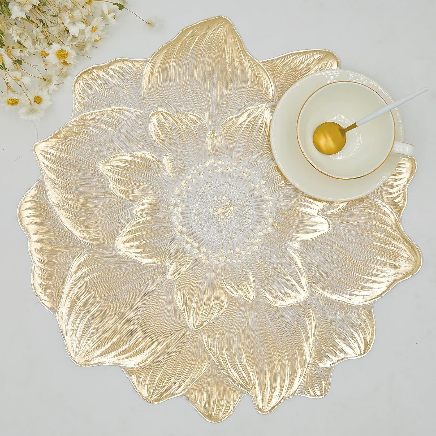 Gold Placemats Set of 6, Creative 3D Flower Placemats Waterproof & Oil-Proof – Metallic Pressed Vinyl Round Place Mats Fancy Decorative Table Mats for Holiday Wedding Accent Outdoor