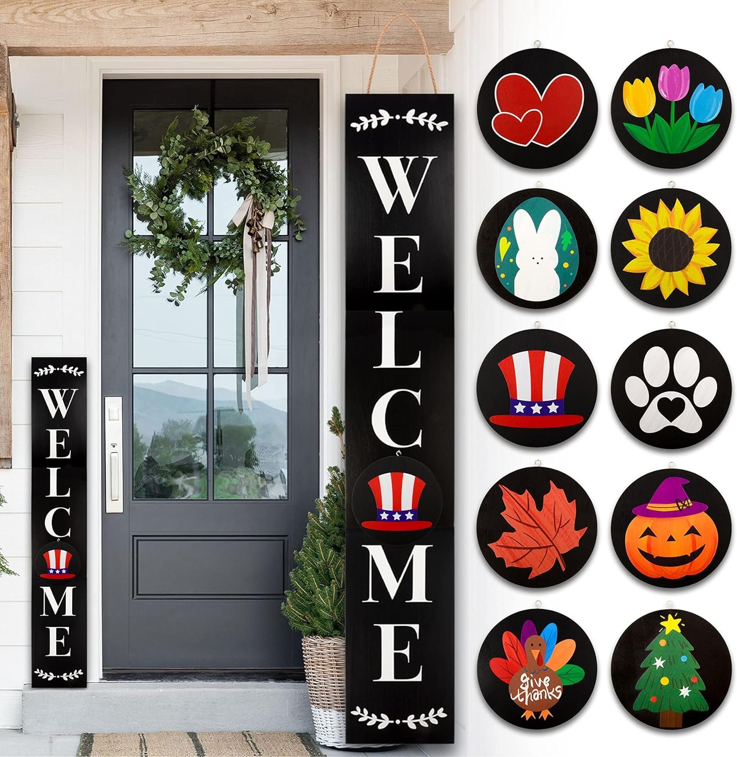 Monjita Welcome Sign for Front Porch Standing, Interchangeable Wooden Sign with 5 Designed Double-Sided Icons for Front Door, All Seasonal Farmhouse Rustic Modern Porch Decor for Fall Harvest