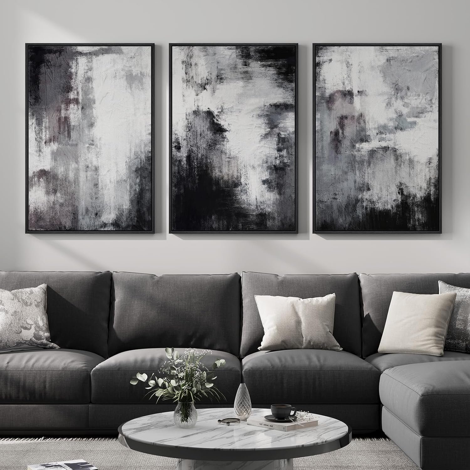Framed Black and White Abstract Wall Art for Living Room, Large 3 Piece Modern Grey Canvas Artwork for Walls, Minimalist Abstract Prints Pictures Home Office Dining Room Hallway Wall Decor, 24×36 In