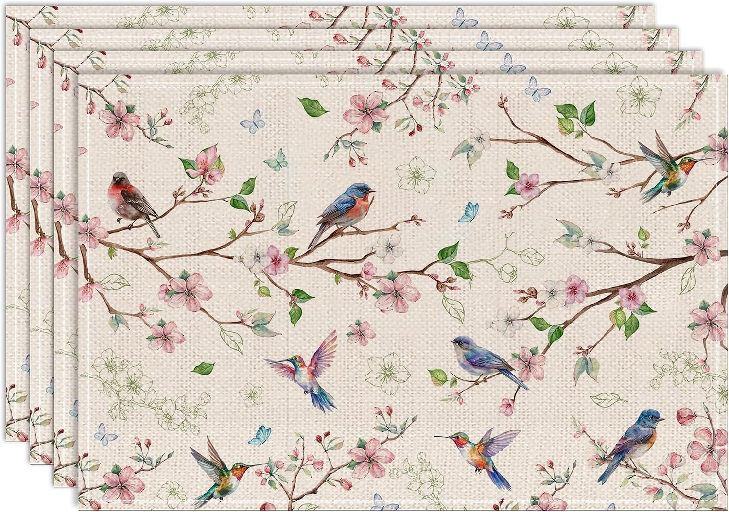 Spring Placemats Set of 4 12×18 inch for Dinning Table – Floral Bird Branch Spring Decor for Party, Dinner – Farmhouse Seaosonal Table Mats Floral Decroations for Home