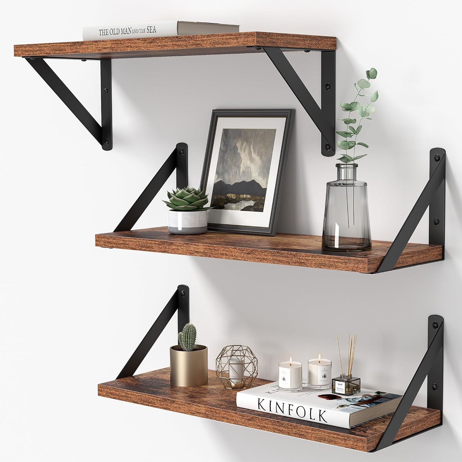 Heimlove Floating Shelves for Wall, 16 Inch Long Wood Floating Shelves Set of 3, Wall Mounted Hanging Shelf for Bathroom Bedroom Kitchen, Rustic Brown