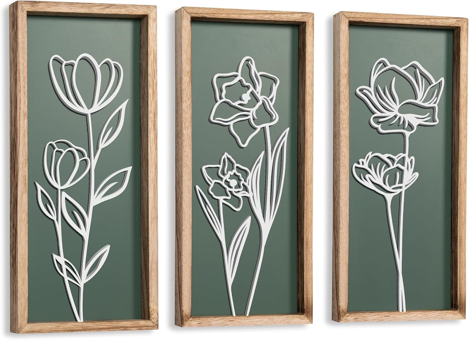 3D Floral Green Wall Art (Set of 3) Lightweight, Wooden Ready-to-Hang Boho Framed Wall Art for Bathroom, Master Bedroom, Living Room or Office – Premium Sage Green Farmhouse Decor – Gift-Boxed