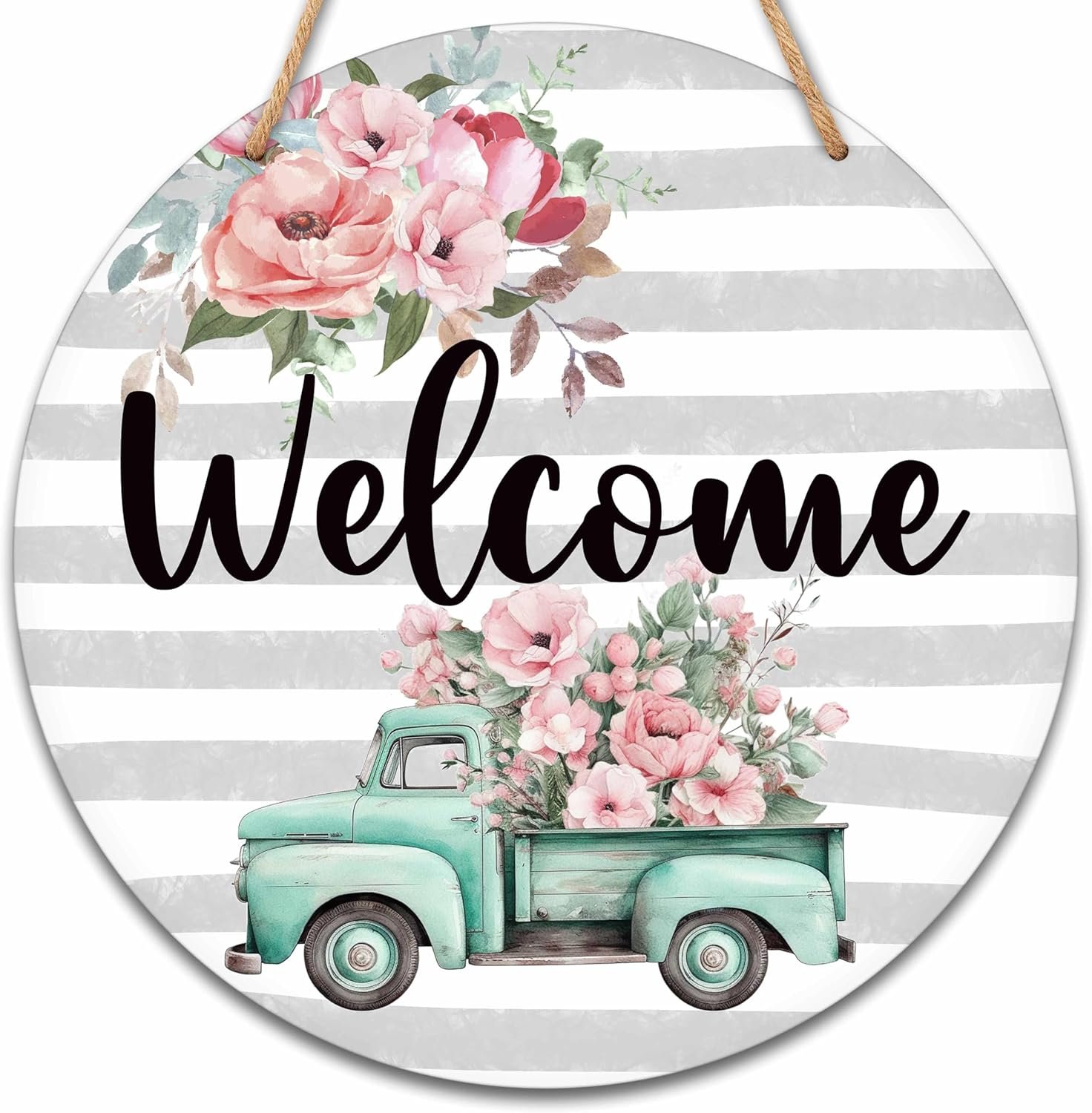 Welcome Sign for Front Door, Spring Round Hanging Sign With Rope, Floral Wall Decor For Farmhouse Home Front Door Porch, Housewarming Gifts for Family Friend, A19