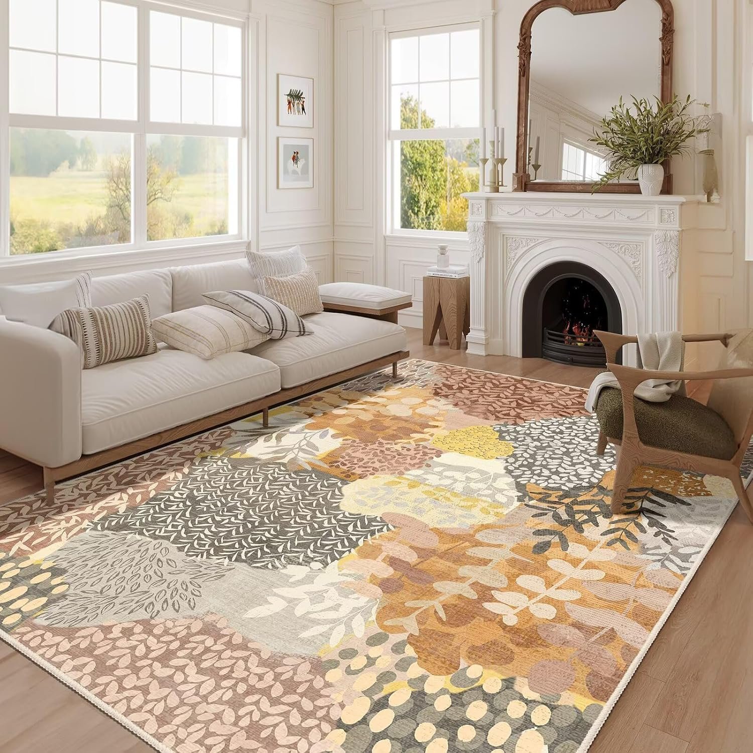 DEXDE 5×7 Area Rugs, Washable Non-Slip Abstract Boho Soft Rug for Living Room Bedroom,Leaves Floral Print Large Carpet for Entryway, Kids Playroom, Office,Camel