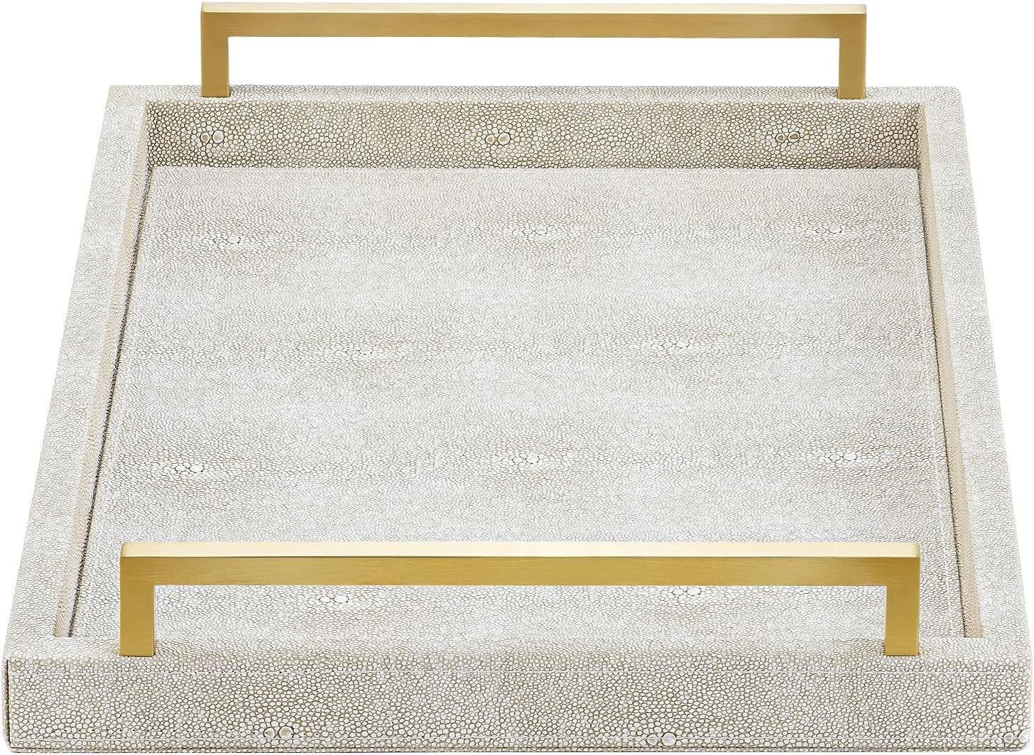 XIGEXIGE Ivory Shagreen Decorative Tray Large Rectangle Coffee Table Tray for Ottoman Faux Leather Serving Tray with Brushed Gold Handles