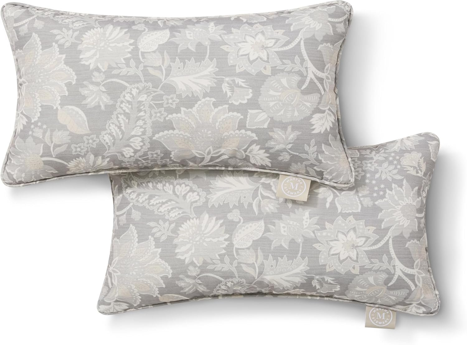 Martha Stewart Distressed Jacobean Indoor Outdoor Decorative Lumbar Pillow 2-Pack Set, UV Fade Resistant, Water Repellent, Printed Floral Design, Grey, 11″x18″