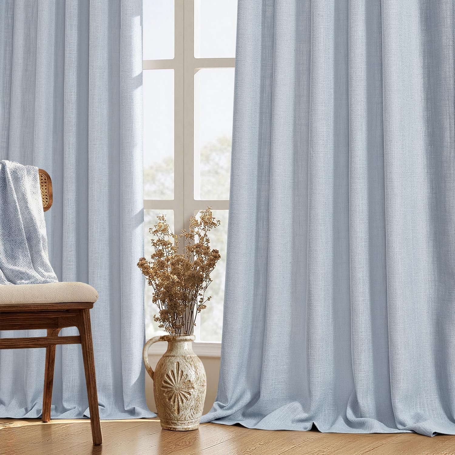 MIULEE Thick Linen Curtains 96 Inches Long Light Blue Semi Sheer for Farmhouse/Living Room/Bedroom, Linen Textured Light Filtering Window Privacy Drapes with Back Tab Rod Pocket, 42Wx96L, Set of 2
