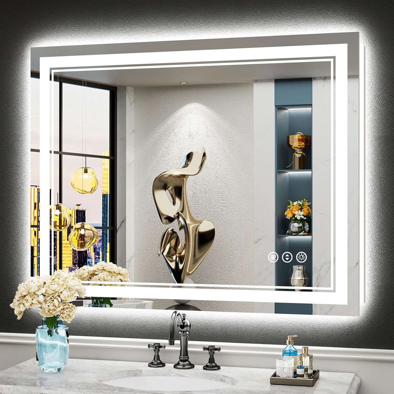 40×32 LED Bathroom Mirror with Lights, Backlit and Front Lit Anti-Fog Lighted Vanity Mirrors for Bathroom Wall, Dimmable, 3-Color Light, Memory, Shatter-Proof, HD Tempered Glass, CRI＞90