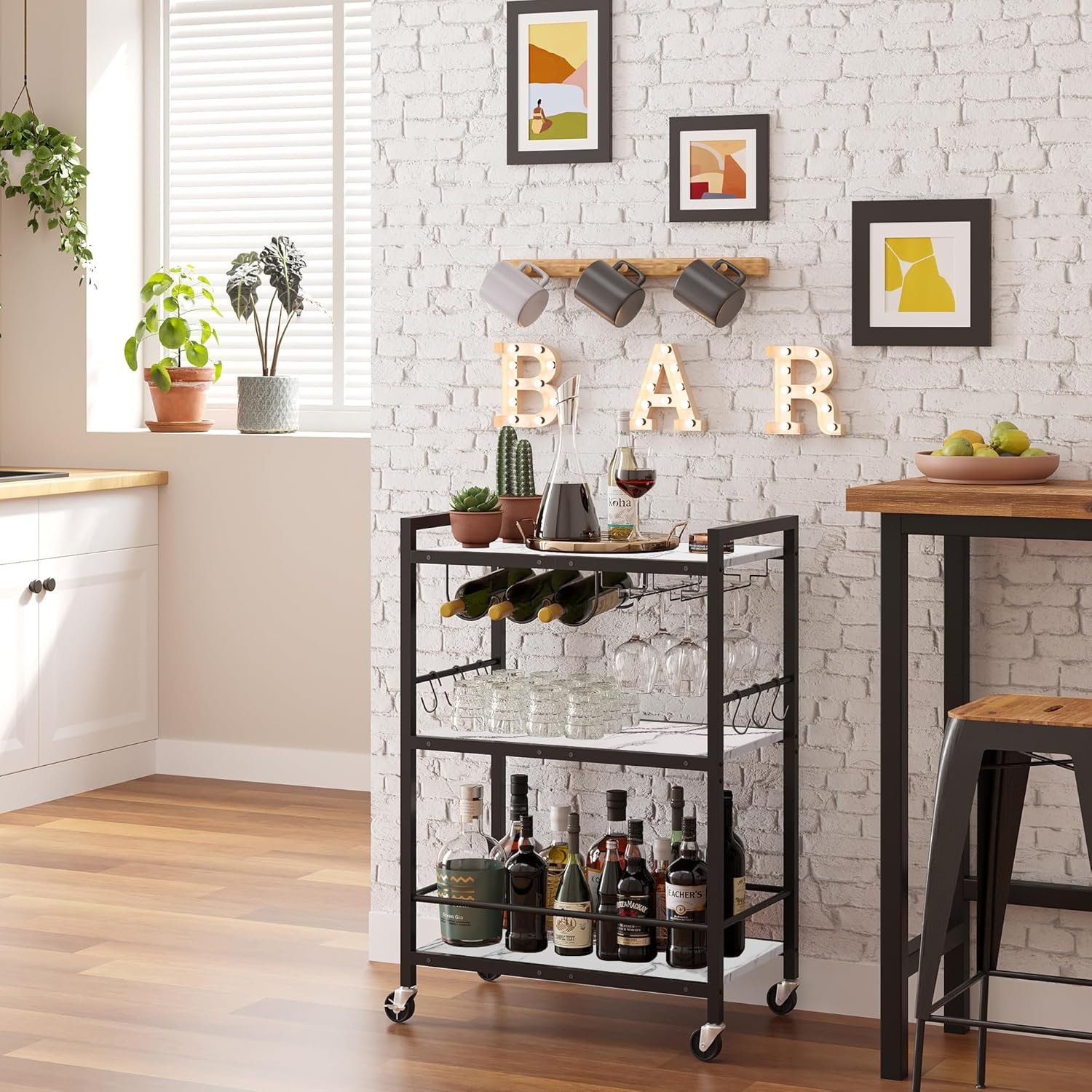 TUTOTAK Bar Cart – Serving Cart for Home – Microwave Cart, Drink Cart, Mobile Kitchen Shelf with Wine Rack and Glass Holder, Rolling Beverage Cart BC01BM030