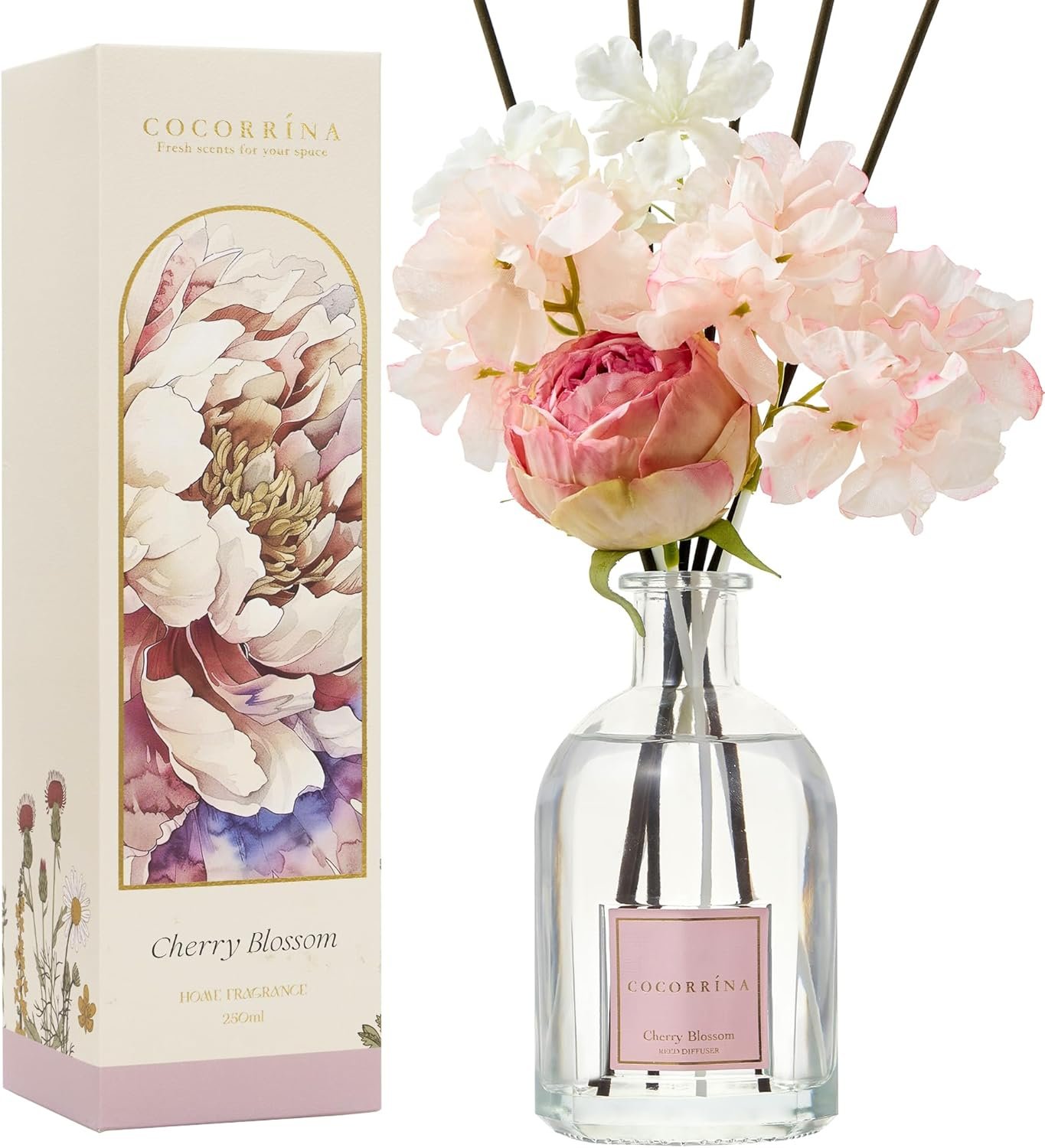 COCORRÍNA Reed Diffuser – Cherry Blossom 8.5 Fl.oz Flower Diffuser with 8 Sticks, Reed Diffusers for Home Bathroom Shelf Decor