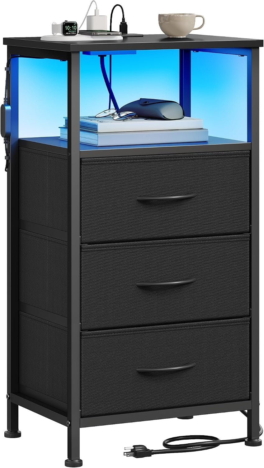 SONGMICS BELLAH Collection – Nightstand with Charging Station and App-Controlled Adjustable LED Lights, Bed Side Table, 3 Drawers and 1 Open Shelf, Modern, Ink Black and Ebony Black ULGS303BH01S