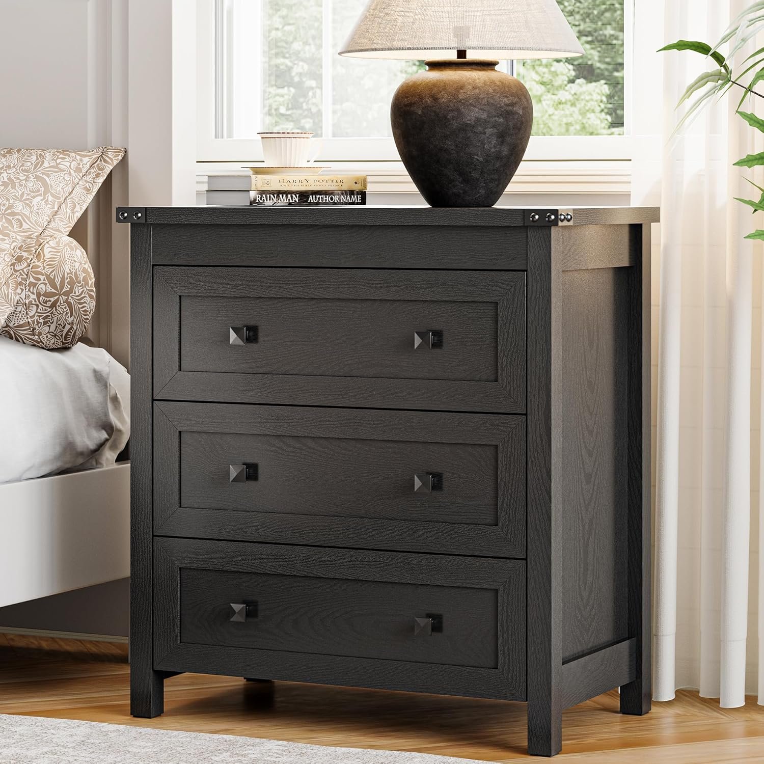 Xixini Farmhouse Nightstand with 3 Storage Drawers, 27.55″ Wide Wood Bedside Table, Modern Side Table with Metal Handle, End Table for Bedroom, Black