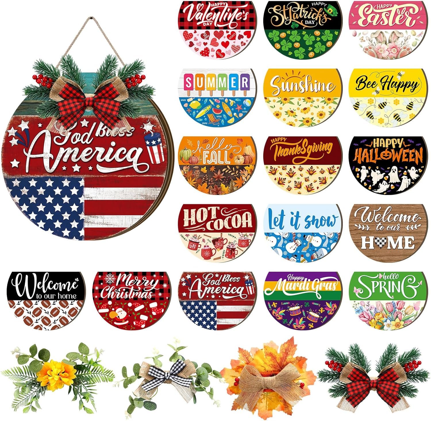 Vicenpal 22 Pcs Interchangeable Welcome Sign for Front Door with 17 Magnetic Icon Wooden Seasonal Front Porch Door Decor with 4 Seasonal Wreath for Holiday Halloween Christmas Gift(Blue,Rustic)