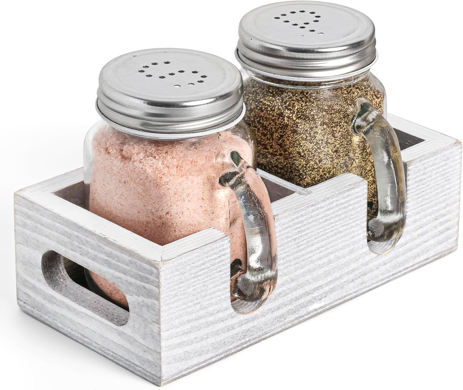 Mason Jar Salt and Pepper Shakers – Glass Shaker Set with Wood Holder Caddy, Easy to Clean & Refill for Farmhouse Kitchen Table, Home and Gifts (White)