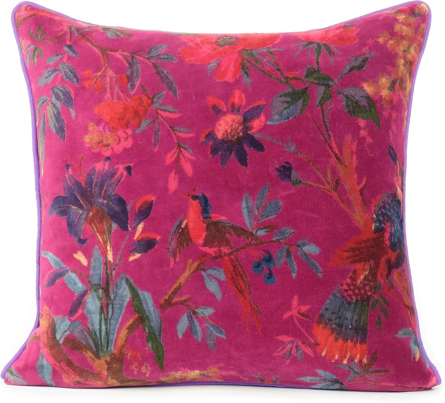 16×16 Burgundy Red Velvet Floral Flower Bird Throw Pillow Sofa Cushion Cover Case Couch Colorful Boho Chic Bohemian Accent Indian Handmade