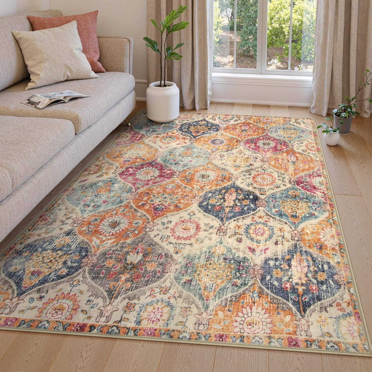 Lahome Moroccan Trellis Washable Area Rugs 5×7, 5×7 Area Rugs for Living Room Bedroom, Indoor Non-Slip Large Oriental Throw Carpet for Kitchen Entryway Bathroom Office Elise, Cream/Multi