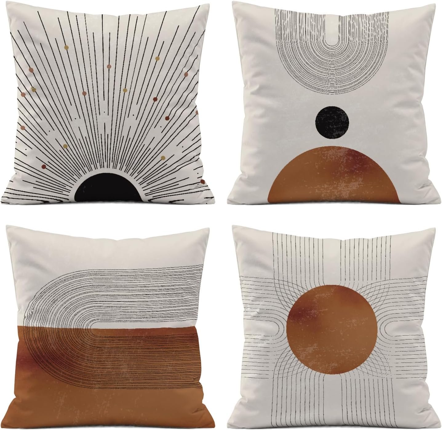 Abstract Minimalist Throw PillowCovers,Mid-Century Modern Geometric Sun Pillow Case Decor Set of 4,Bohemian Pillow Decorative for Home Living Room Bedroom Sofa,18×18 Inch
