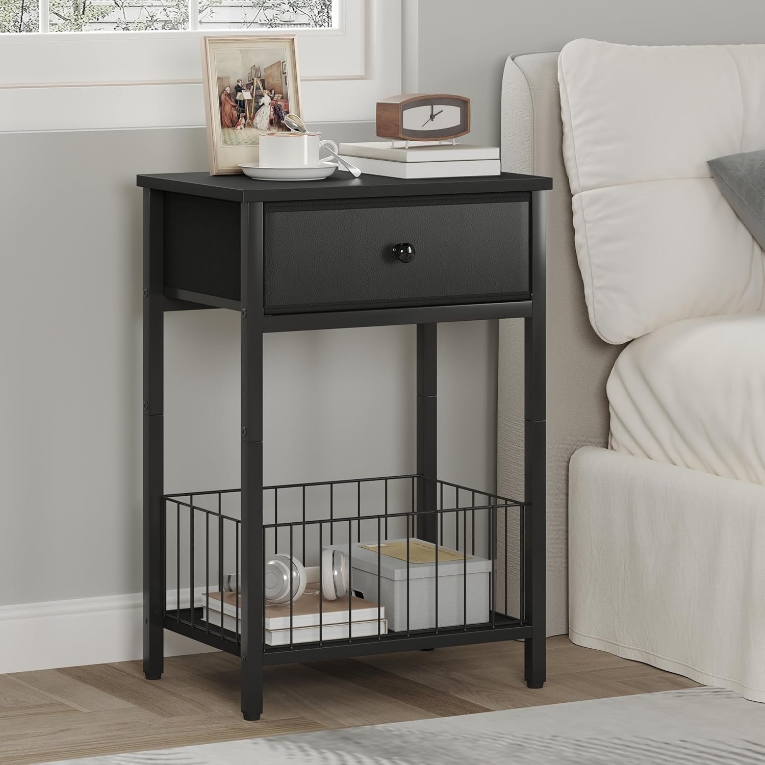 Nightstand with PU Leather Front Drawer, 3-Tier End Table with Bottom Mesh Basket, Industrial Bedside Table for Small Spaces, Black