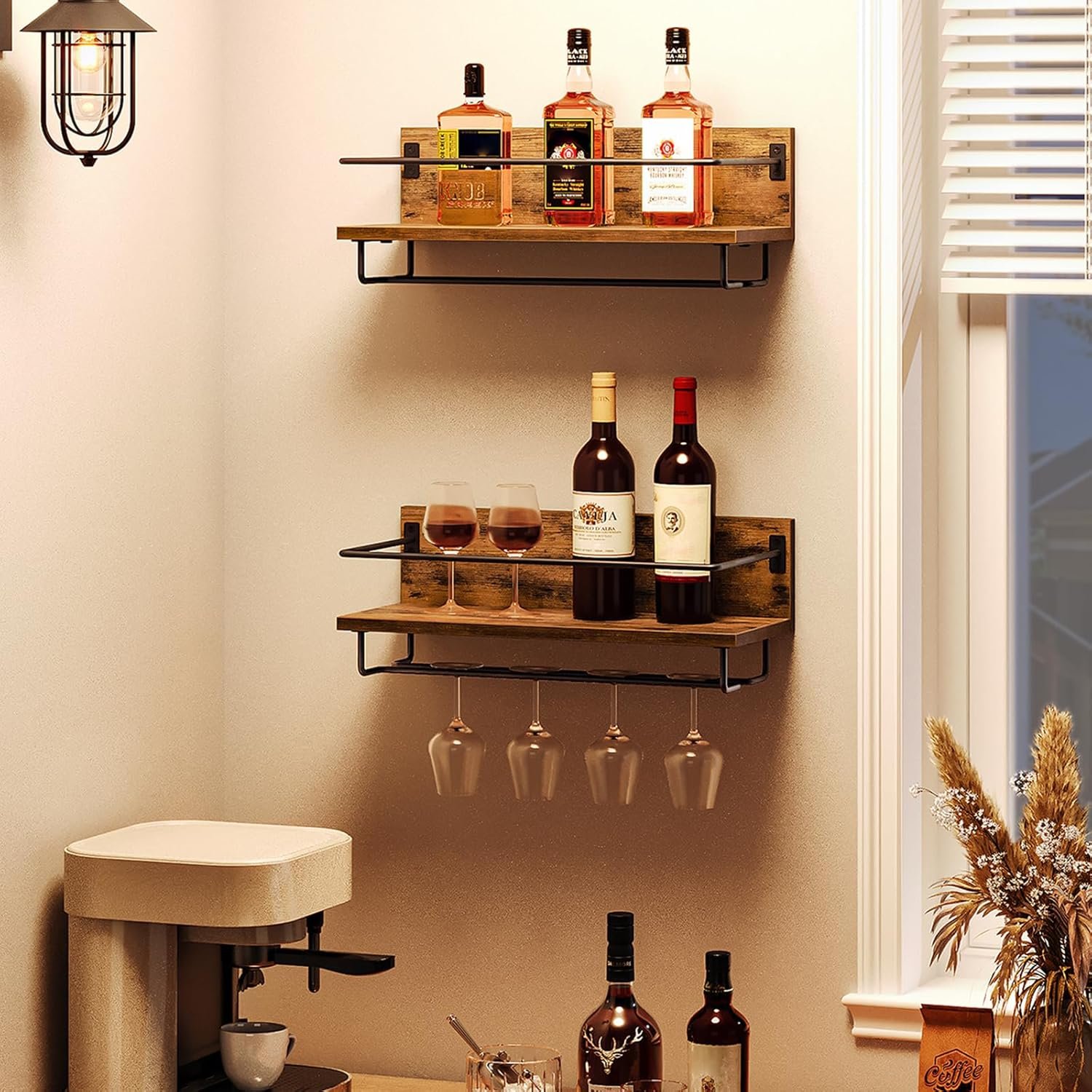 HOOBRO Wall Mounted Wine Rack 2 Pack, Hanging Wine Shelves, Wine Glass Bottle Rack Stemware Holder, Floating Wall Shelves for Storage, for Living Room, Dining Room, Bar, Rustic Brown BF28BJ01